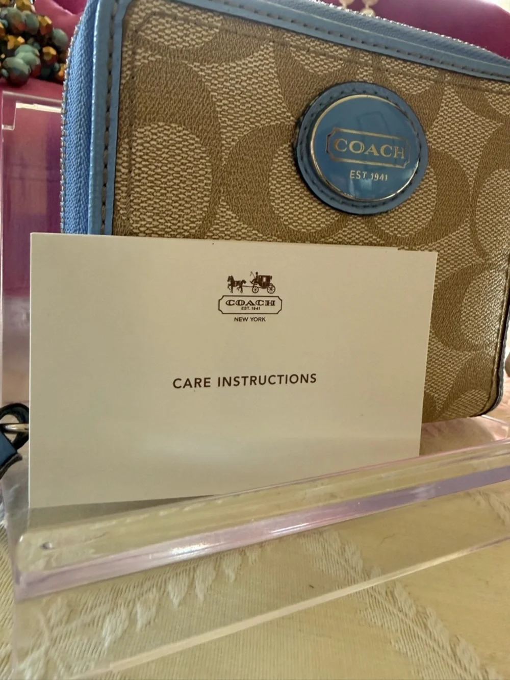 Coach Peyton Zip Around Canvas Wallet in Brown with Blue Trim